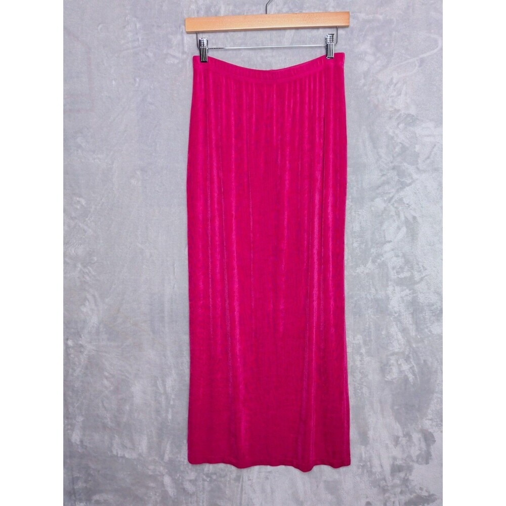 Vintage Pink Slinky Knit Maxi Skirt Size L Acetate Side Slit Travel Pull On